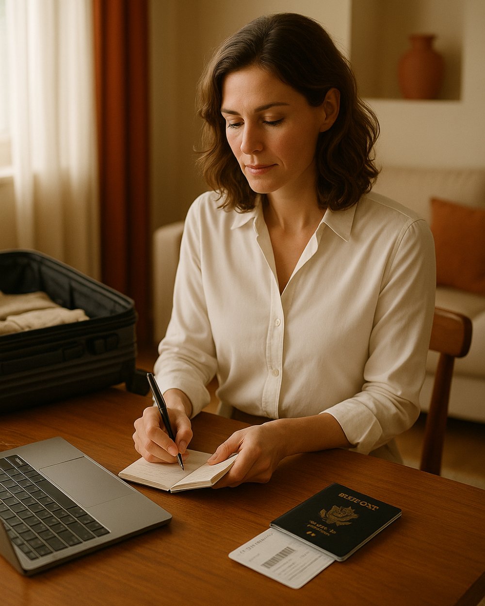 Une personne prépare son intervention : notes, ordinateur et passeport sur la table