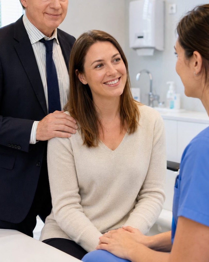 Une patiente en consultation, entourée par l'équipe qui la reçoit